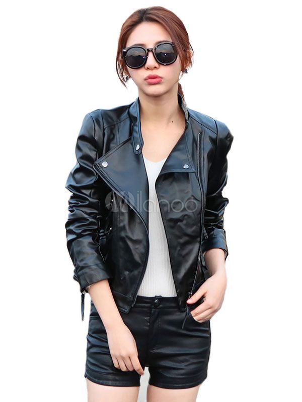 Black Moto Jacket Women's Long Sleeve Stand Collar Zipper PU Leather Jacket | Milanoo