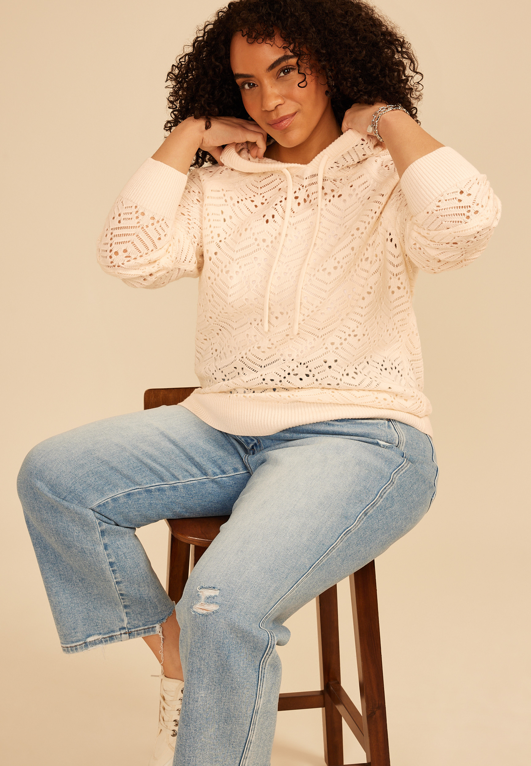 Maurices Plus Size Women's Hooded Open Stitch Crochet Pullover | Maurices