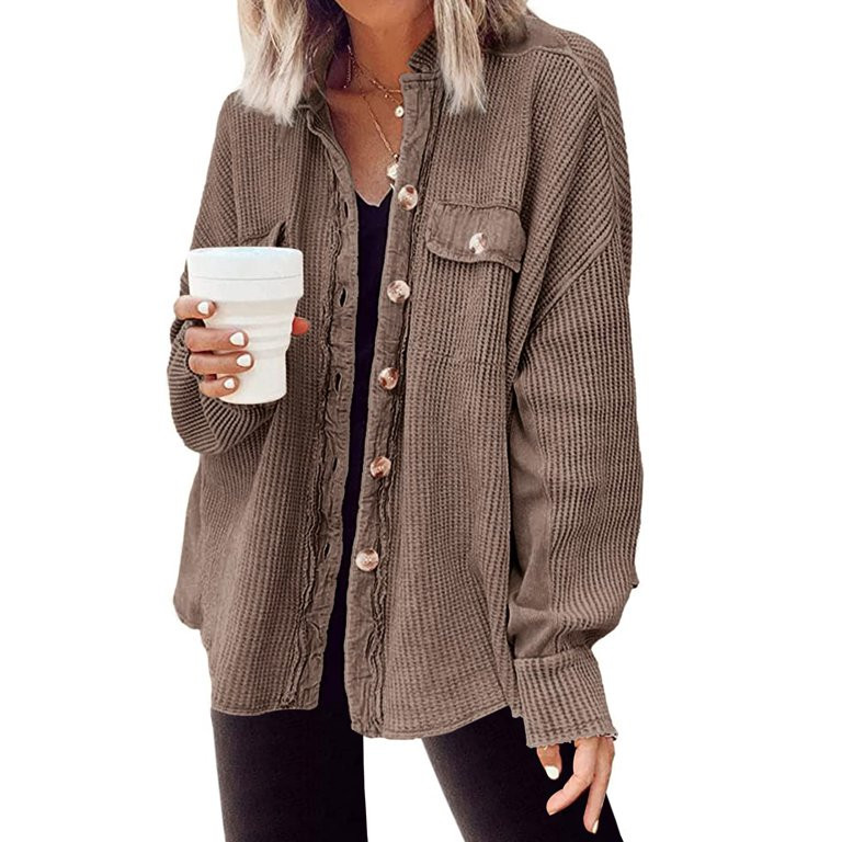 UVN Womens Shacket Jacket Waffle Shirts Long Sleeve Button Down Boyfriend Shirt Coats Side Elasti... | Walmart (US)