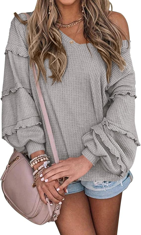 BTFBM Women's V Neck Long Sleeve Blouse Loose Fit Tunics Ruffles Off Shoulder Waffle Knit Solid C... | Amazon (US)