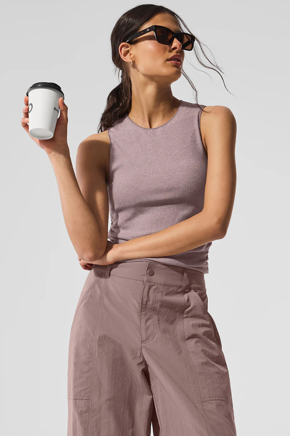 Alo YogaÂ® | Ribbed En Pointe Tank Top in Mushroom Heather Brown, Size: Medium | Alo Yoga (US)