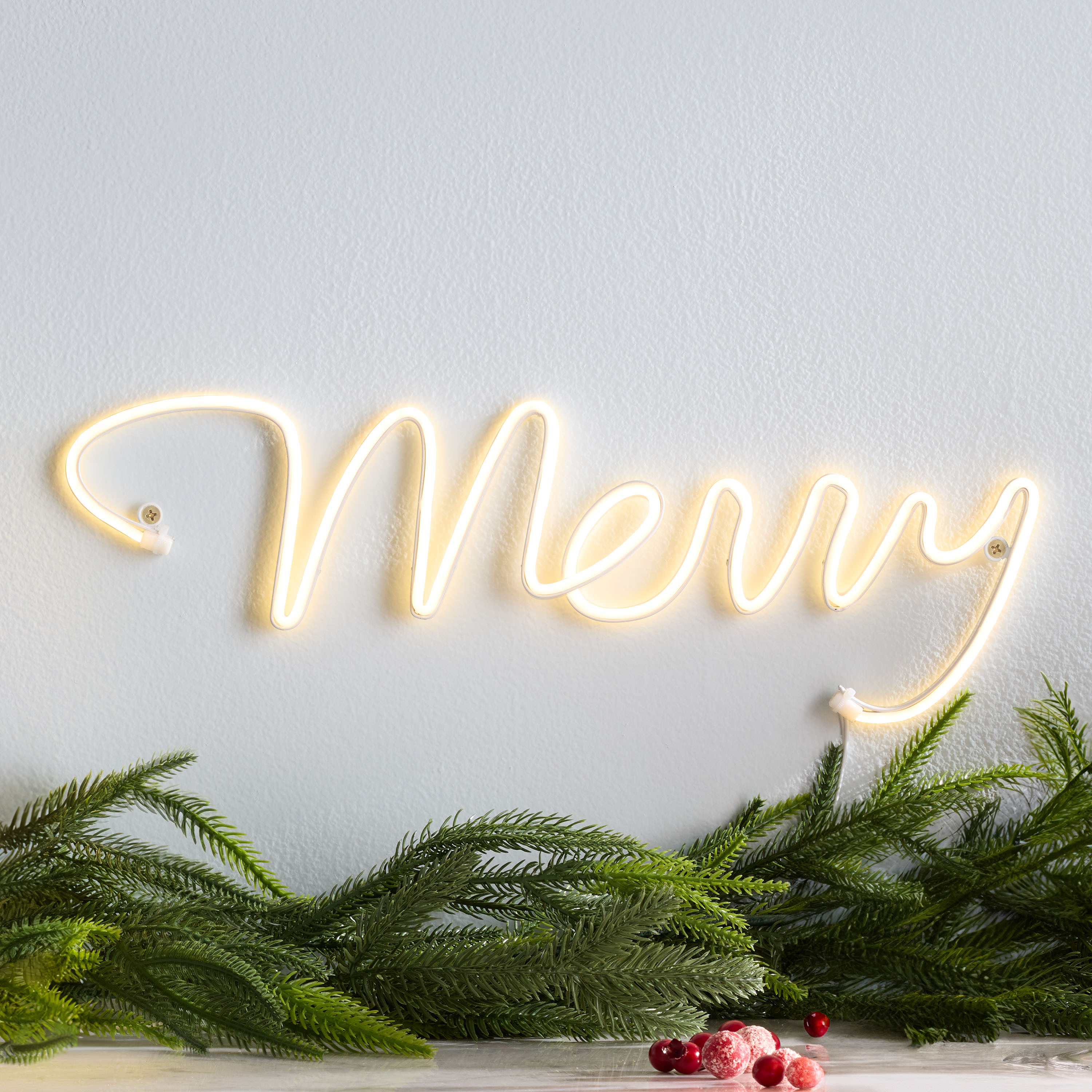 Neon Warm Yellow Merry LED Electric Sign Wall Decor | World Market