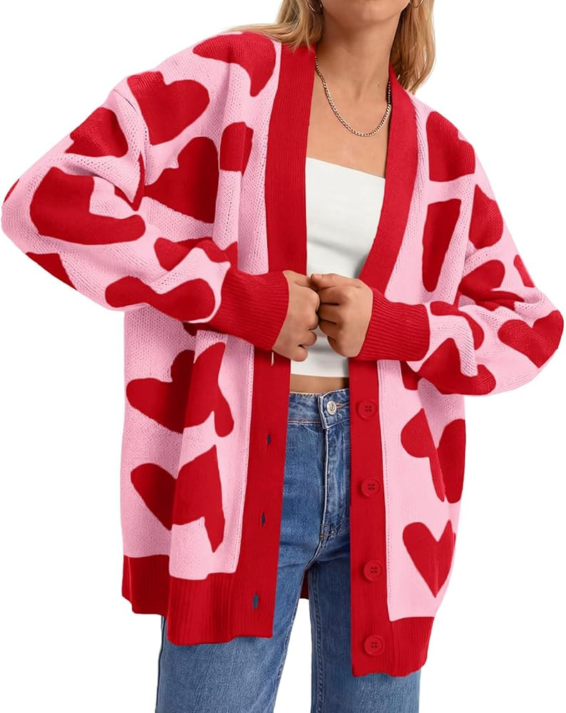 Saodimallsu Womens Heart Cardigan Sweaters Cute Valentines Oversized V Neck Button Up Winter Swea... | Amazon (US)