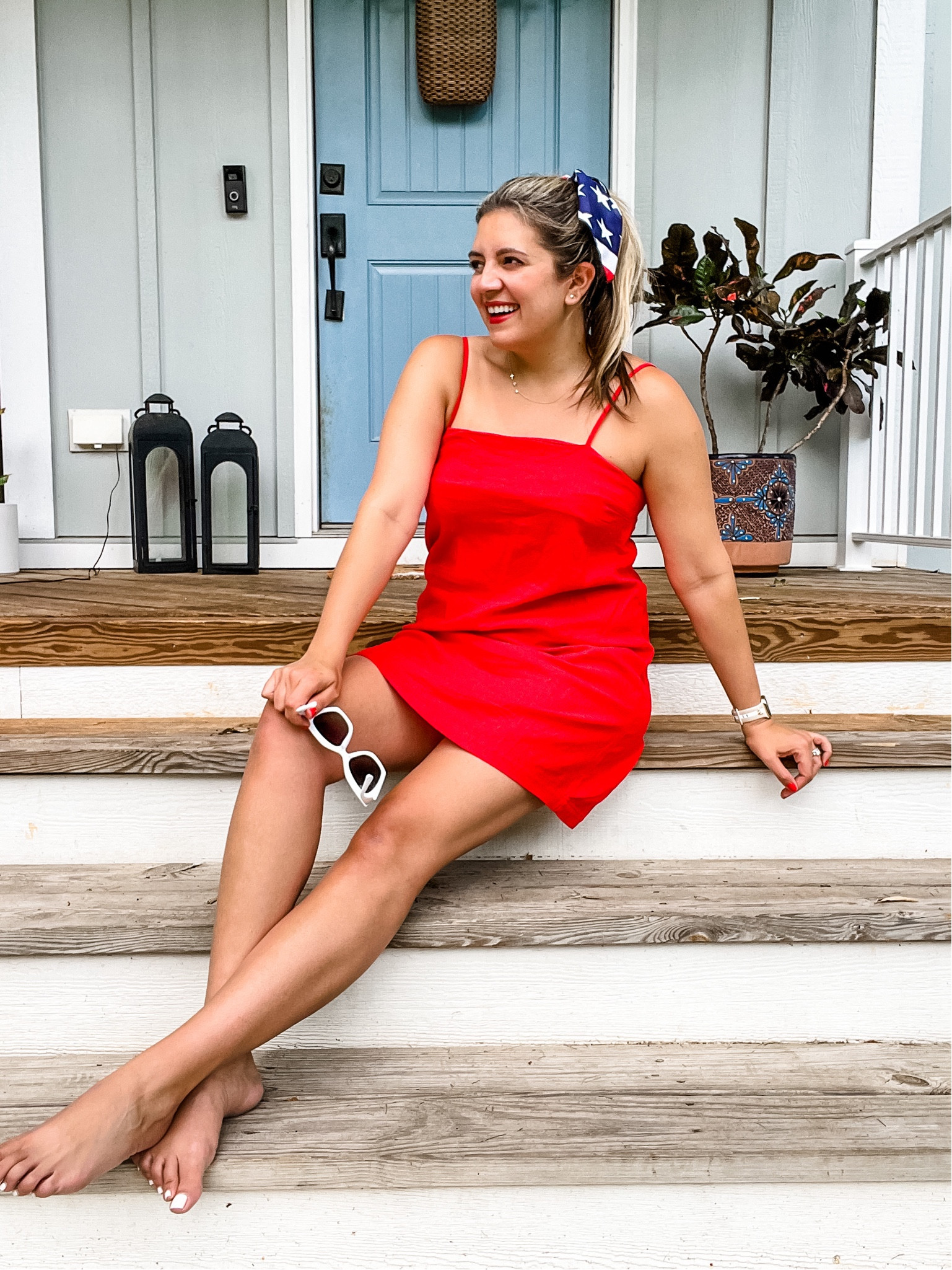 Red white and blue outfit. Fourth of July. 4th of July. July 4th. July fourth. Patriotic outfit summer. Red dress. USA 
Linen dress on sale for $16! In my true size medium. 

#LTKstyletip #LTKsalealert