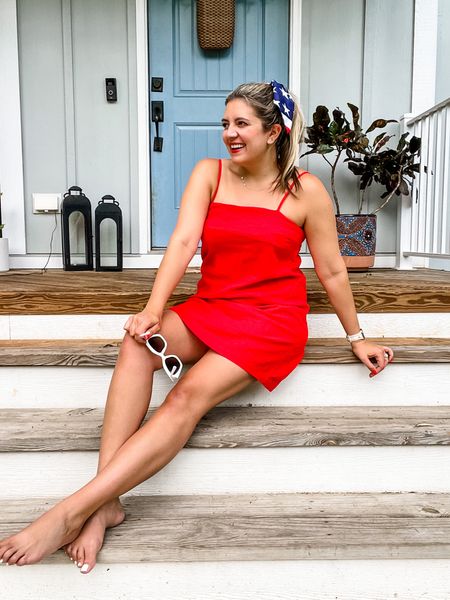Red white and blue outfit. Fourth of July. 4th of July. July 4th. July fourth. Patriotic outfit summer. Red dress. USA 
Linen dress on sale for $16! In my true size medium. 

#LTKstyletip #LTKsalealert