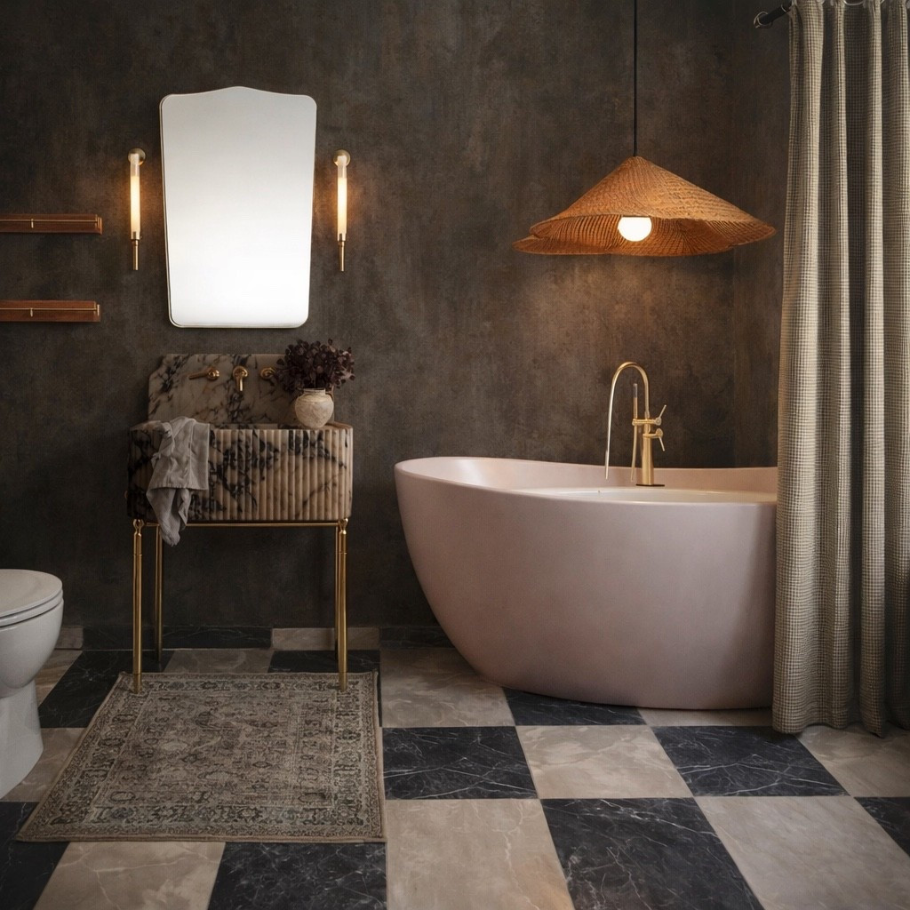 I posted a mood board a few months ago if this Moody bathroom design🤎
This is the perfect example of how a bathroom mood board comes to life in a realistic 3D render same finishes, same vision, just fully realized.

✔️ Warm plaster-look walls
✔️ Checkered marble tile floors
✔️ Soft blush freestanding tub
✔️ Brass fixtures + organic textures
✔️ Spa-like, modern European feel
.

Tap to shop the exact look + save this for bathroom renovation inspiration 🤍

#LTKhome #BathroomDesign #BathroomInspo #MoodyBathroom #ModernOrganic #EuropeanBathroom #InteriorDesignInspo #HouseOfOlson #LTKFinds #LTKSale #VirtualInteriorDesign #BathroomMoodBoard #BathroomRenovation #NeutralHome #SpaBathroom #DesignProcess

