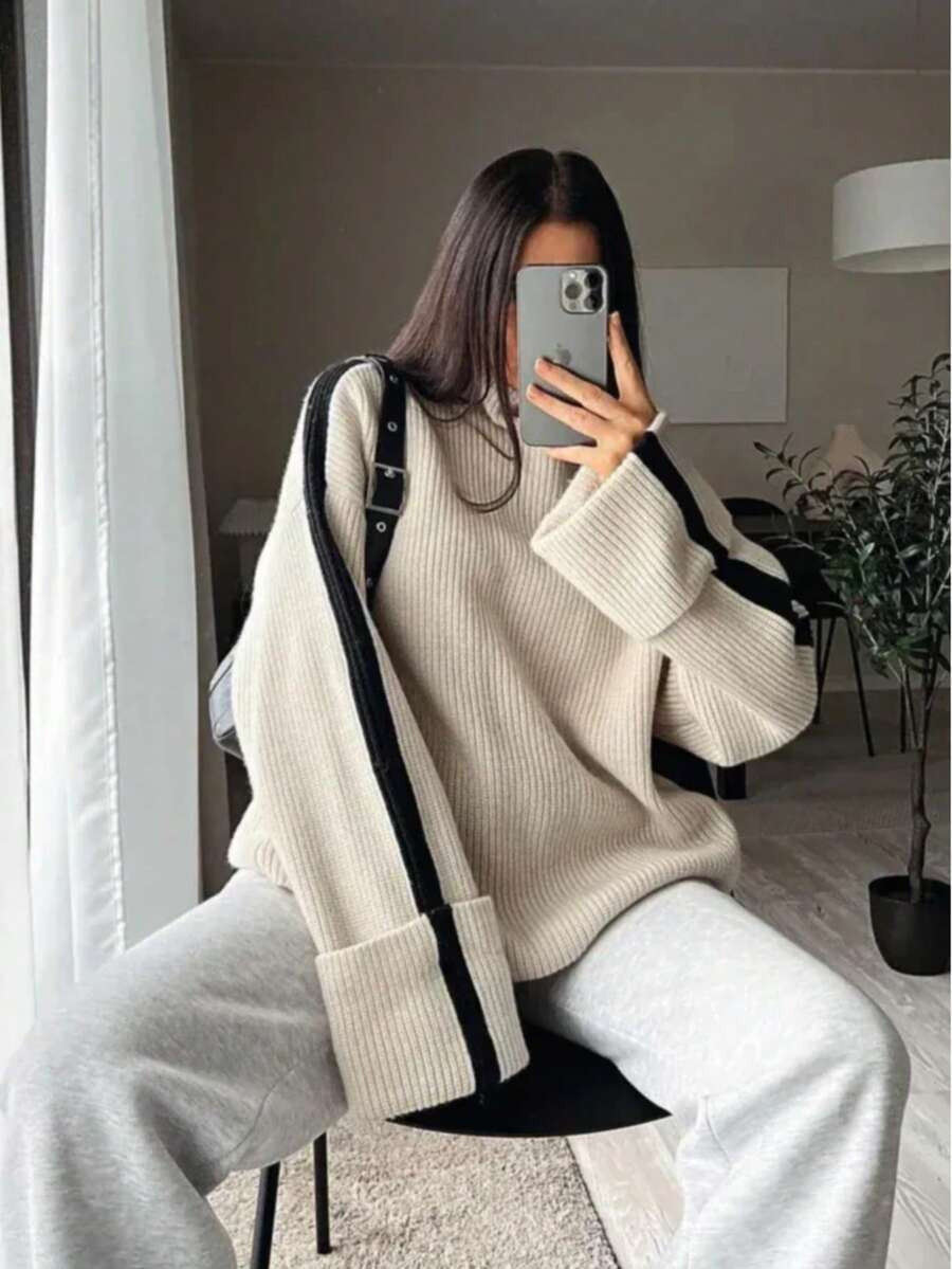 Plus Size Women's Casual Color Block Stand Collar Sweater, Elegant Pullover For New Year | SHEIN