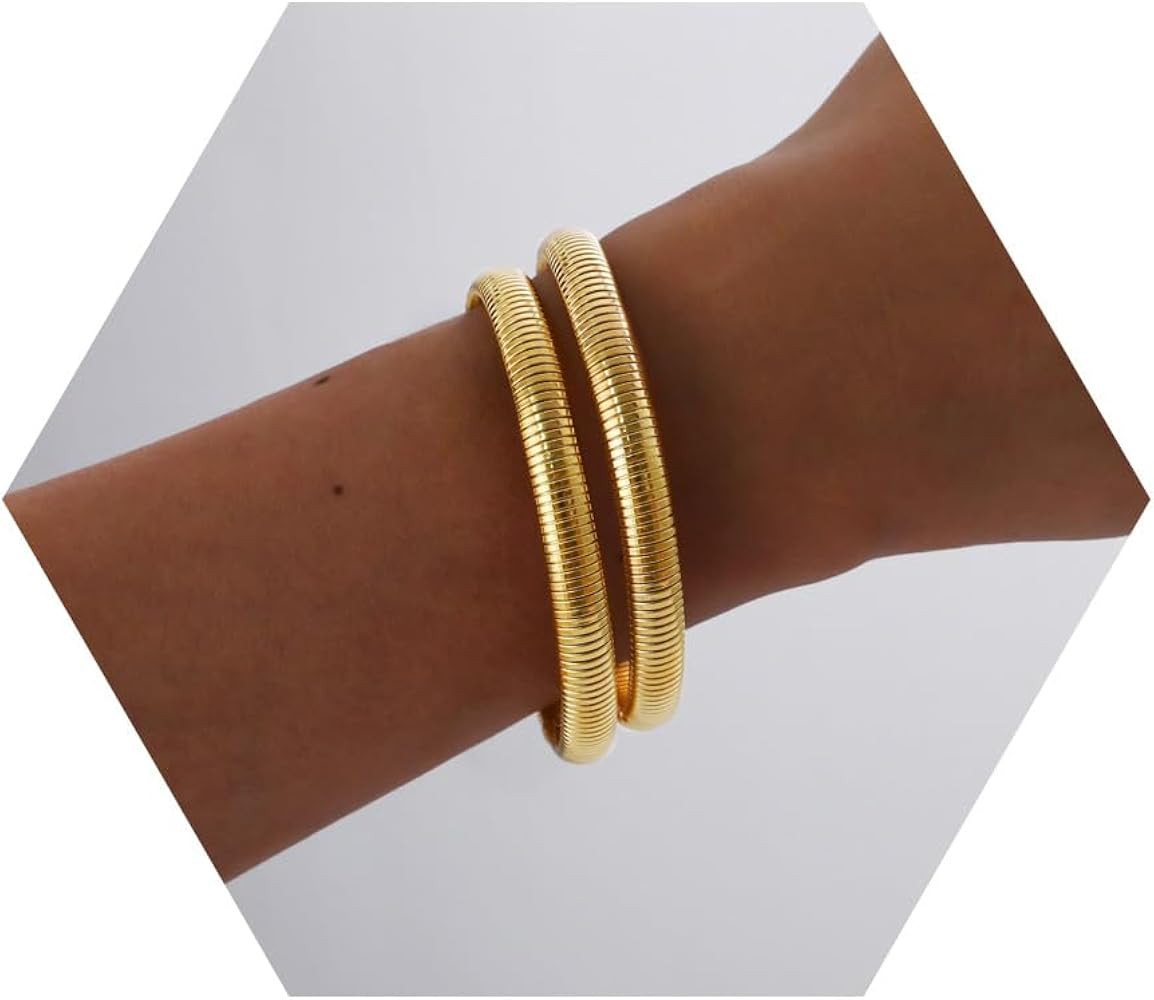 Gold Bangles for Women Chunky Stretch Bangles Bracelets Set 18K Gold Plated Stainless Steel Link ... | Amazon (US)