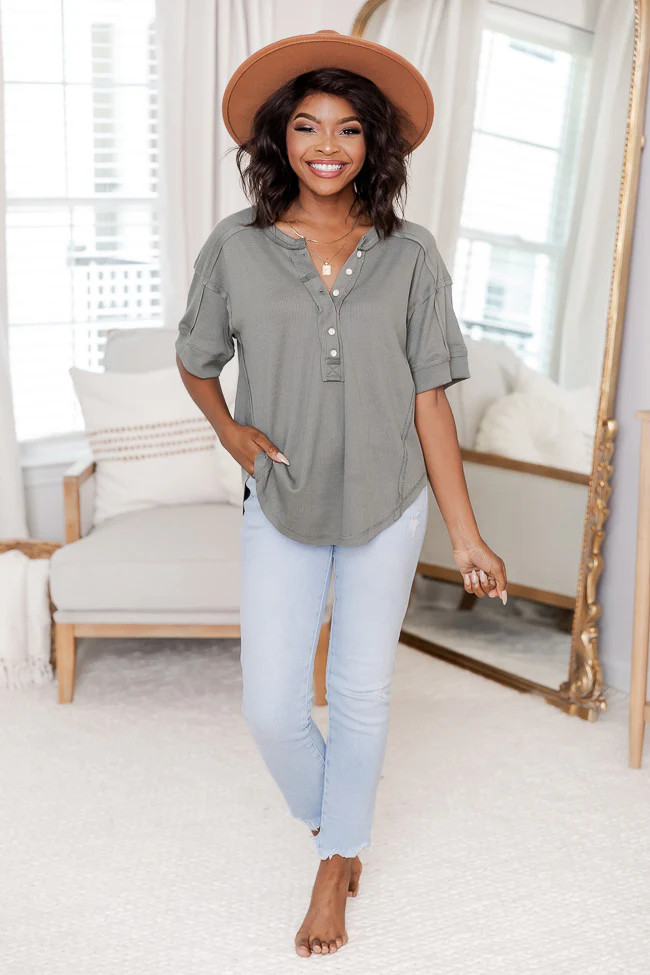 Love and Laughter Henley Short Sleeve Olive Blouse FINAL SALE | Pink Lily