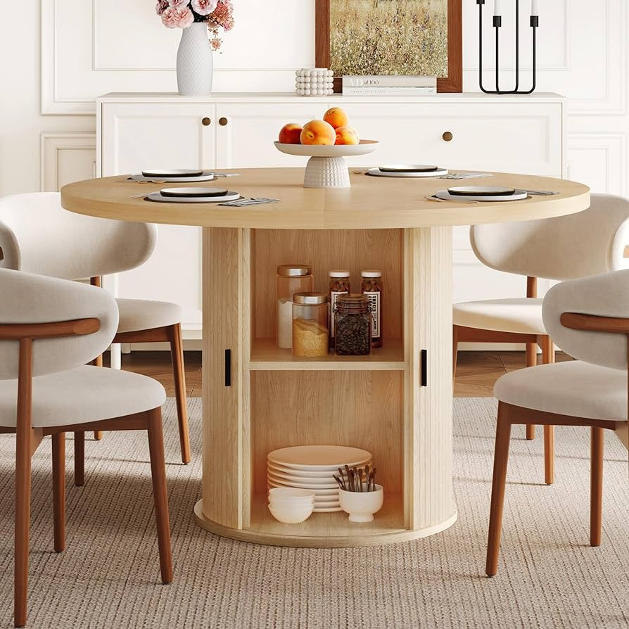 47 inch Round Dining Table for 4-6, Dinner Table with 2-Layer Storage Shelf, Morden Circle Kitche... | Amazon (US)