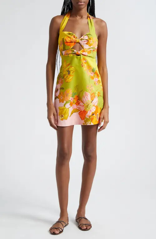 ALEMAIS Silas Floral Print Linen Halter Minidress in Multi Green at Nordstrom, Size 4 | Nordstrom