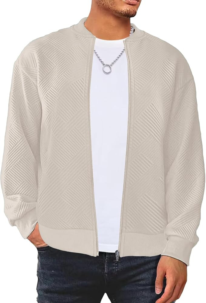 ETCYY NEW Men's Lightweight Casual Jackets Textrued Lines Sweatshirt Bomber Varsity Coat with Zipper | Amazon (US)