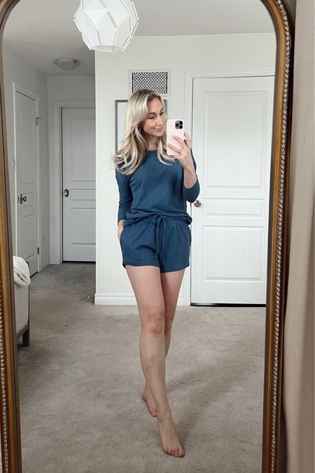 Waffle knit long sleeve + short sleep set combo ☁️ The blue in this set is definitely darker than in the photo but it's still lovely. I also purchase this one in an oatmeal shade and both in a medium for extra comfort. Perfect for warm spring and summer nights. 

#LTKSeasonal #LTKFind #LTKunder50
