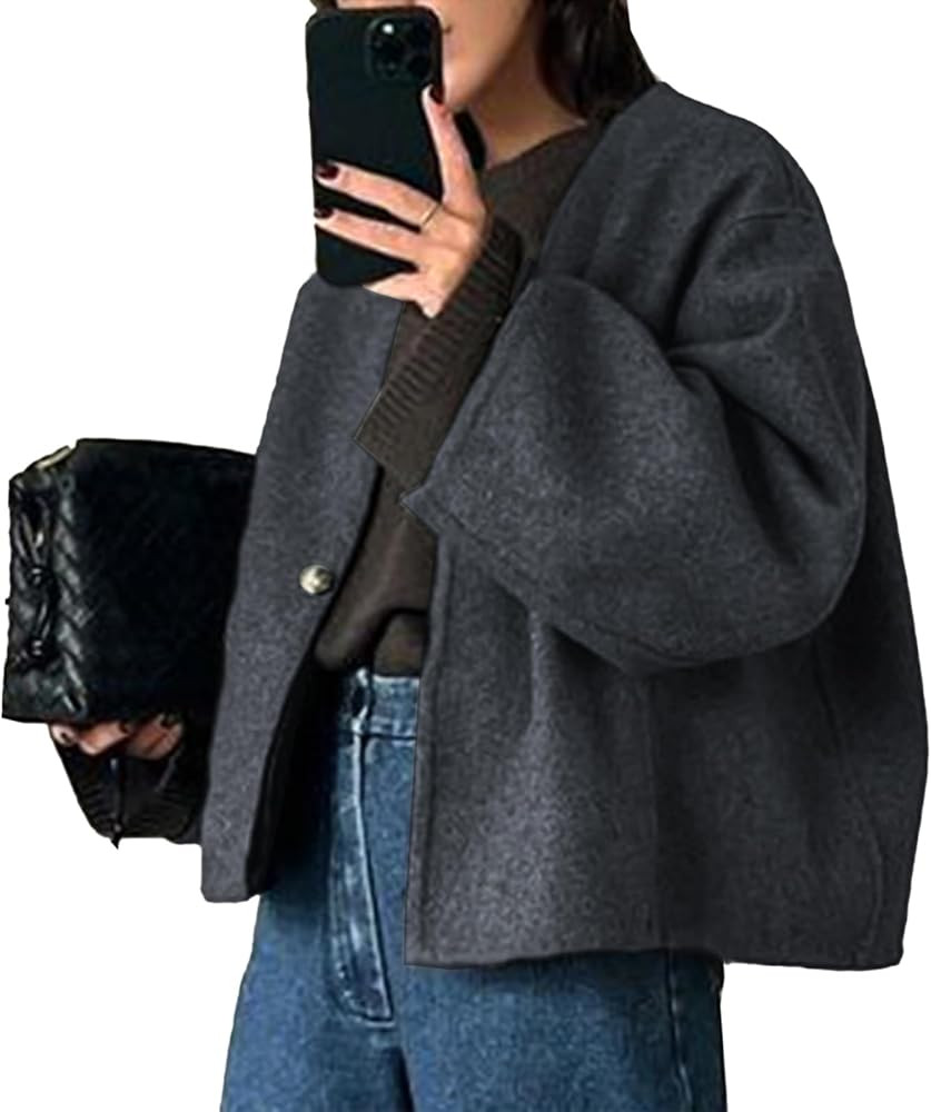 HOTIAN Women Cropped Wool Blend Coats Long Sleeve Coat Jacket Peacoat Fall Winter Outwear Overcoa... | Amazon (US)