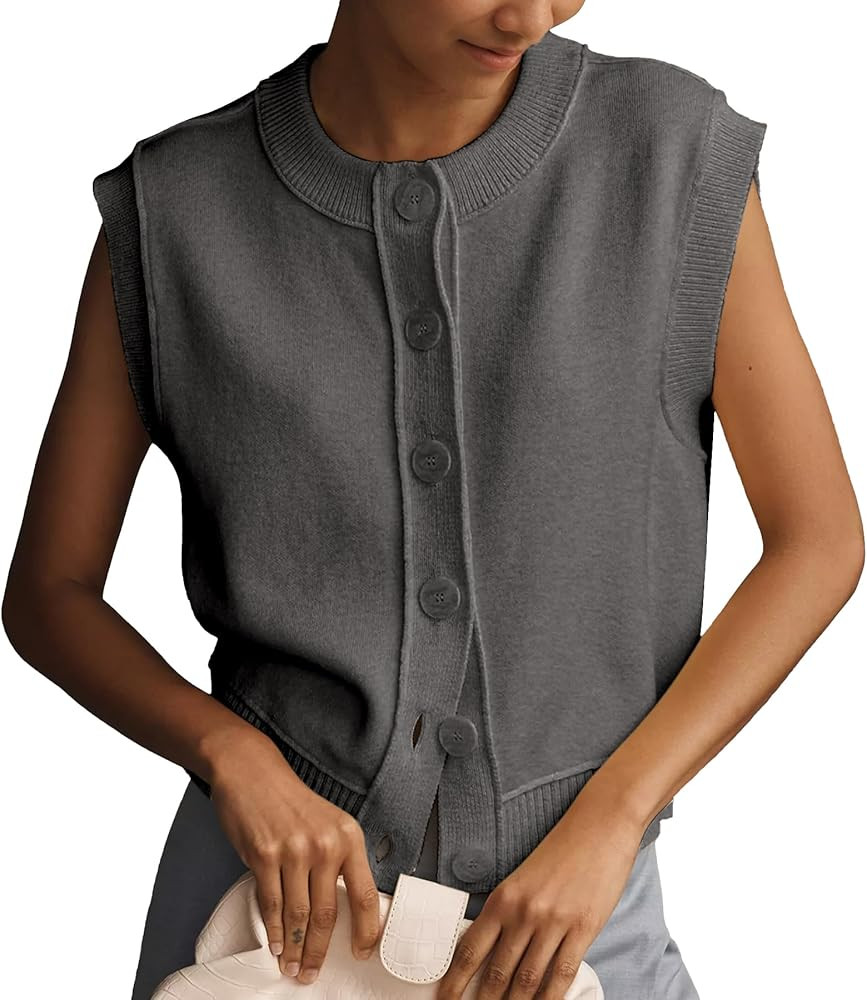 Ainangua Womens Cardigan Sweater Vest Casual Sleeveless Button Down Tops Summer Ribbed Tank Trend... | Amazon (US)
