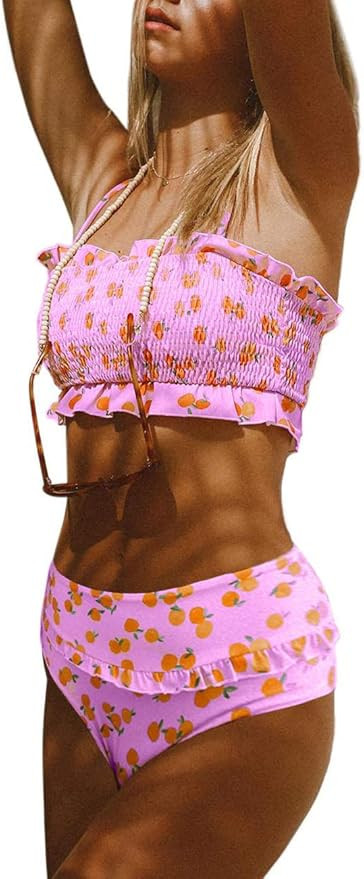 ZESICA Women's Summer Floral Printed High Waist Ruched Smocked Beach Bikini Sets Swimsuit Bathing... | Amazon (US)