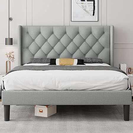 iPormis Queen Size Wingback Platform Bed Frame with Upholstered Button Tufted Headboard /8" Under... | Amazon (US)