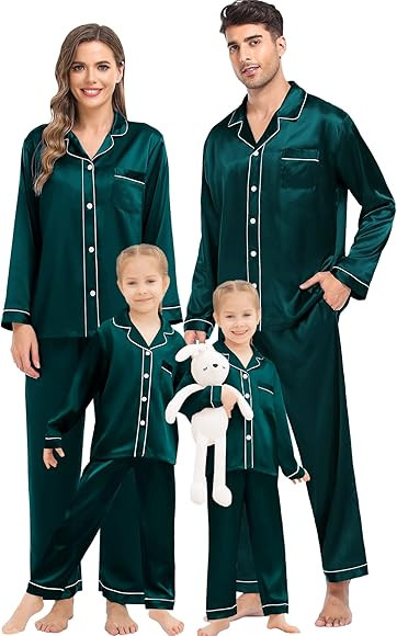 SWOMOG Family Matching Silk Satin Pajamas Button Down Sleepwear Long Sleeve Silky Nightwear 2 Pcs... | Amazon (US)