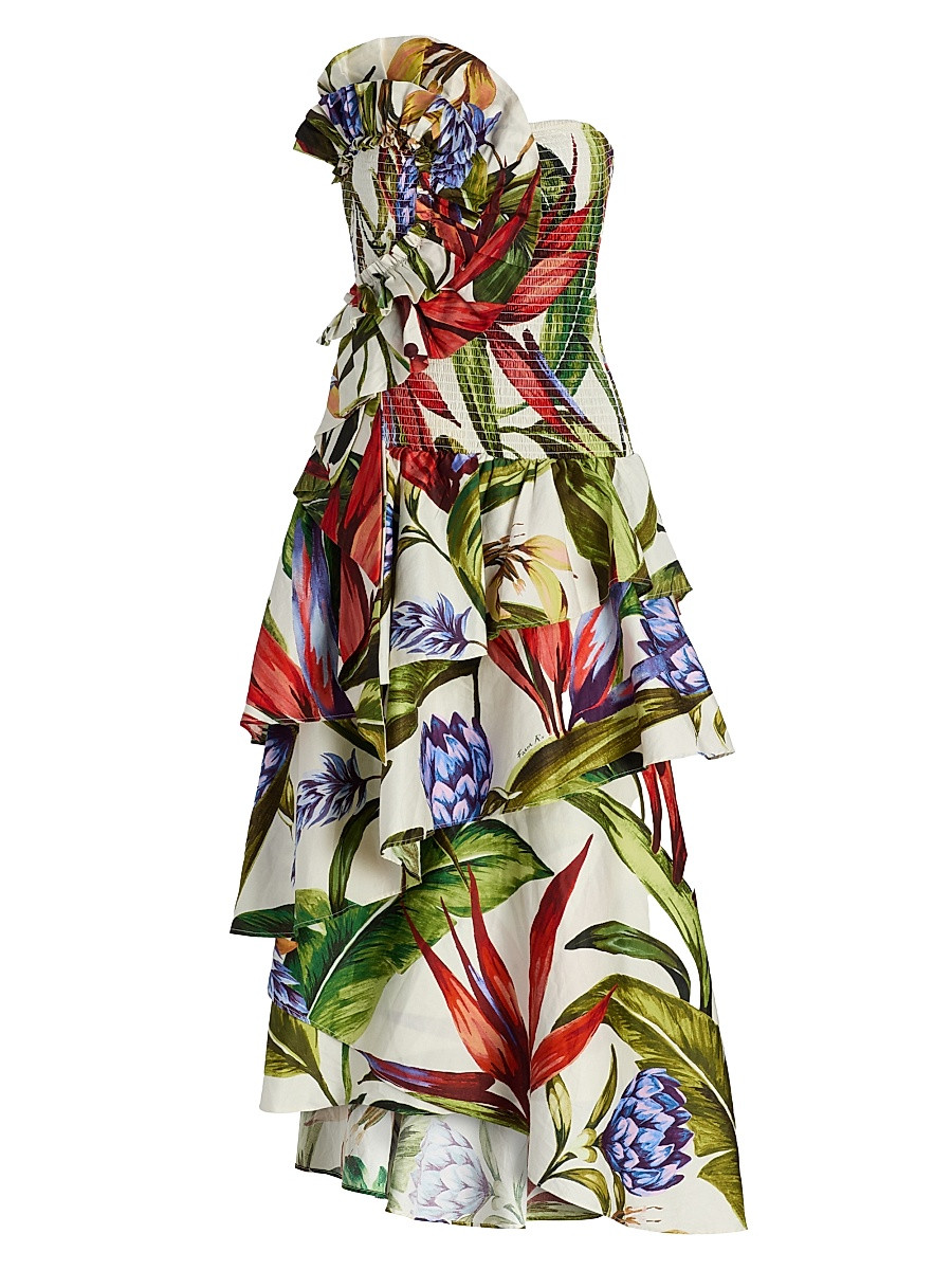 Farm Rio Women's Smocked Floral Cotton Strapless Maxi Dress - Sand - Size XS | Saks Fifth Avenue