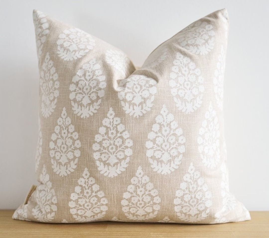 Beige Floral Pillow, Neutral Throw Pillow Cover, Floral Block Print Pillow, Beige Decorative Pill... | Etsy (US)