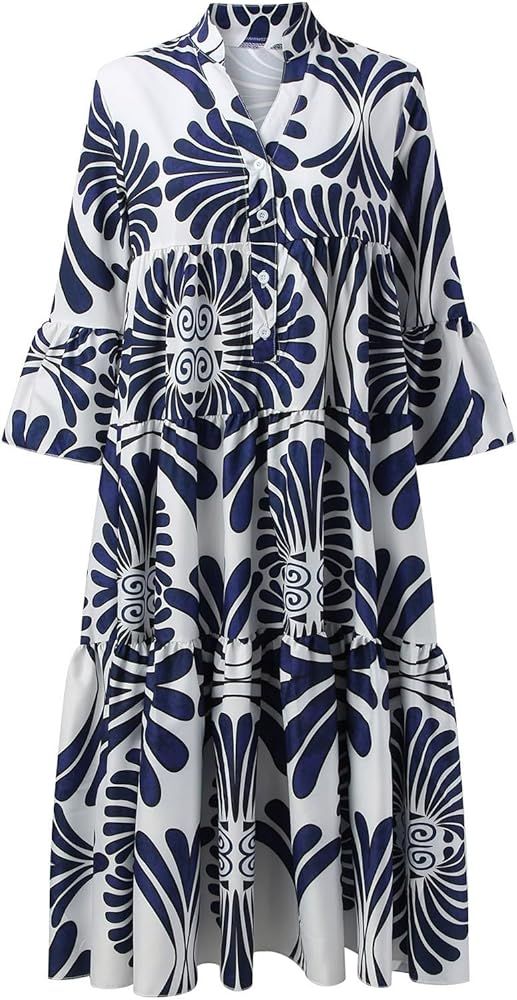 Womens Shirt Dress Casual Flower Print Summer Dresses 2023 Vacation Tropical V Neck 3/4 Sleeve Be... | Amazon (US)