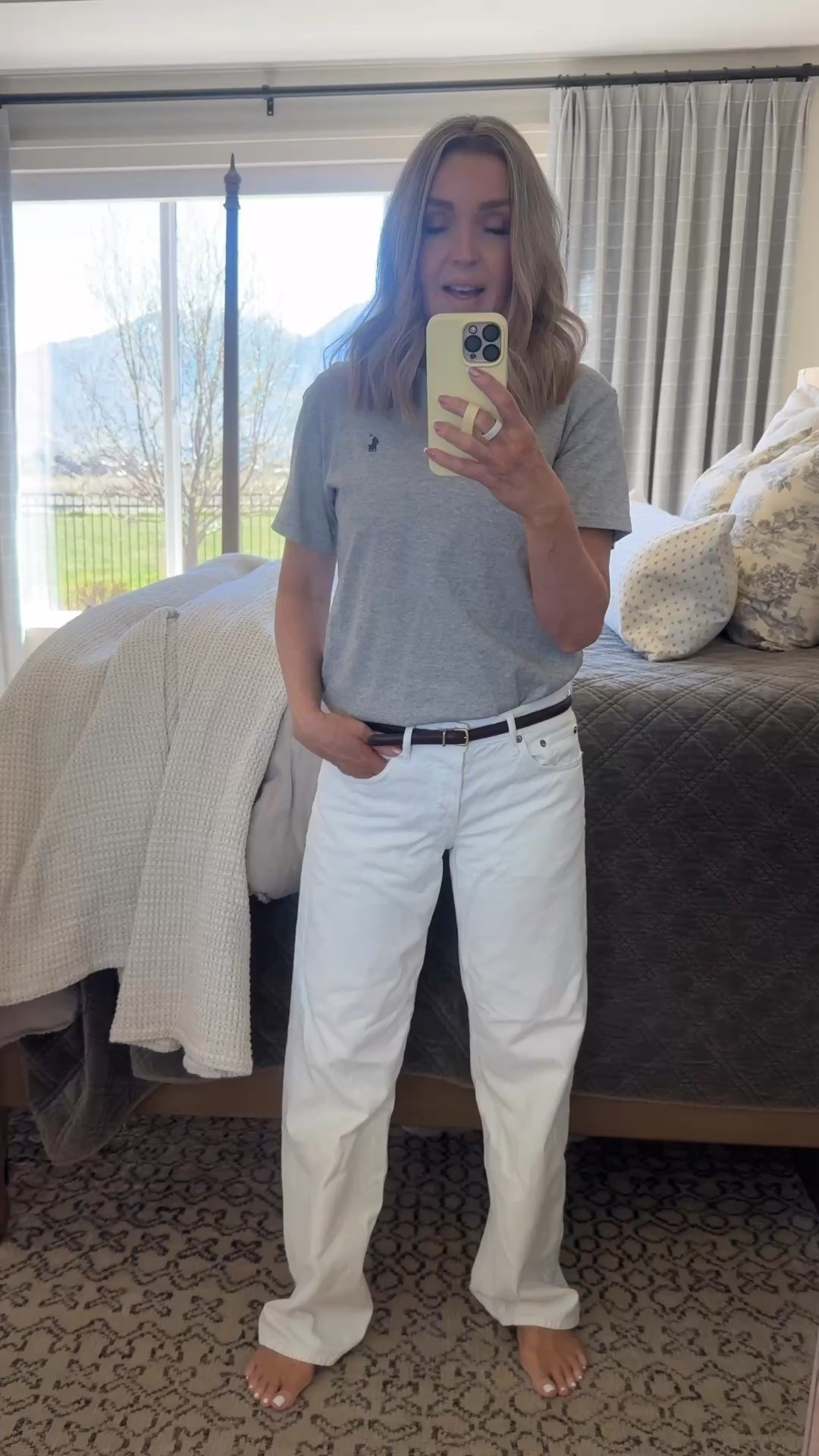 Outfit of the day.  White jeans, brown skinny belt and a Ralph Lauren tshirt. The jeans come in lots of colors. I’m wearing a 26 for reference as they run true to size. I couldn’t find my exact belt but link similar ones and my tshirt is sold out but link it in the black or white  

#LTKSeasonal #LTKdayinmylife #LTKOver40