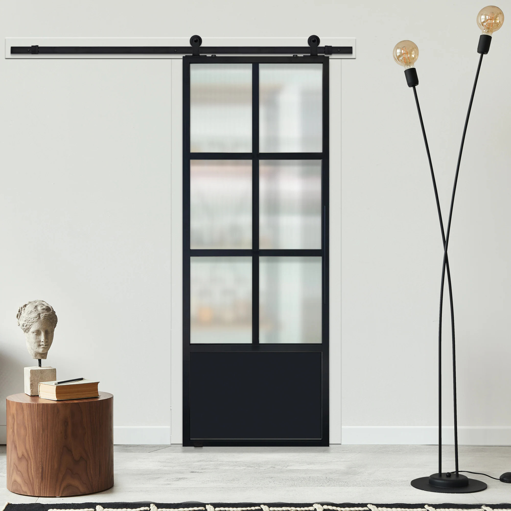 BarnDoorz 42-in x 84-in Black Square Frosted glass Glass Single Barn Door (Hardware Included) | BD3670LT6CLD | Lowe's