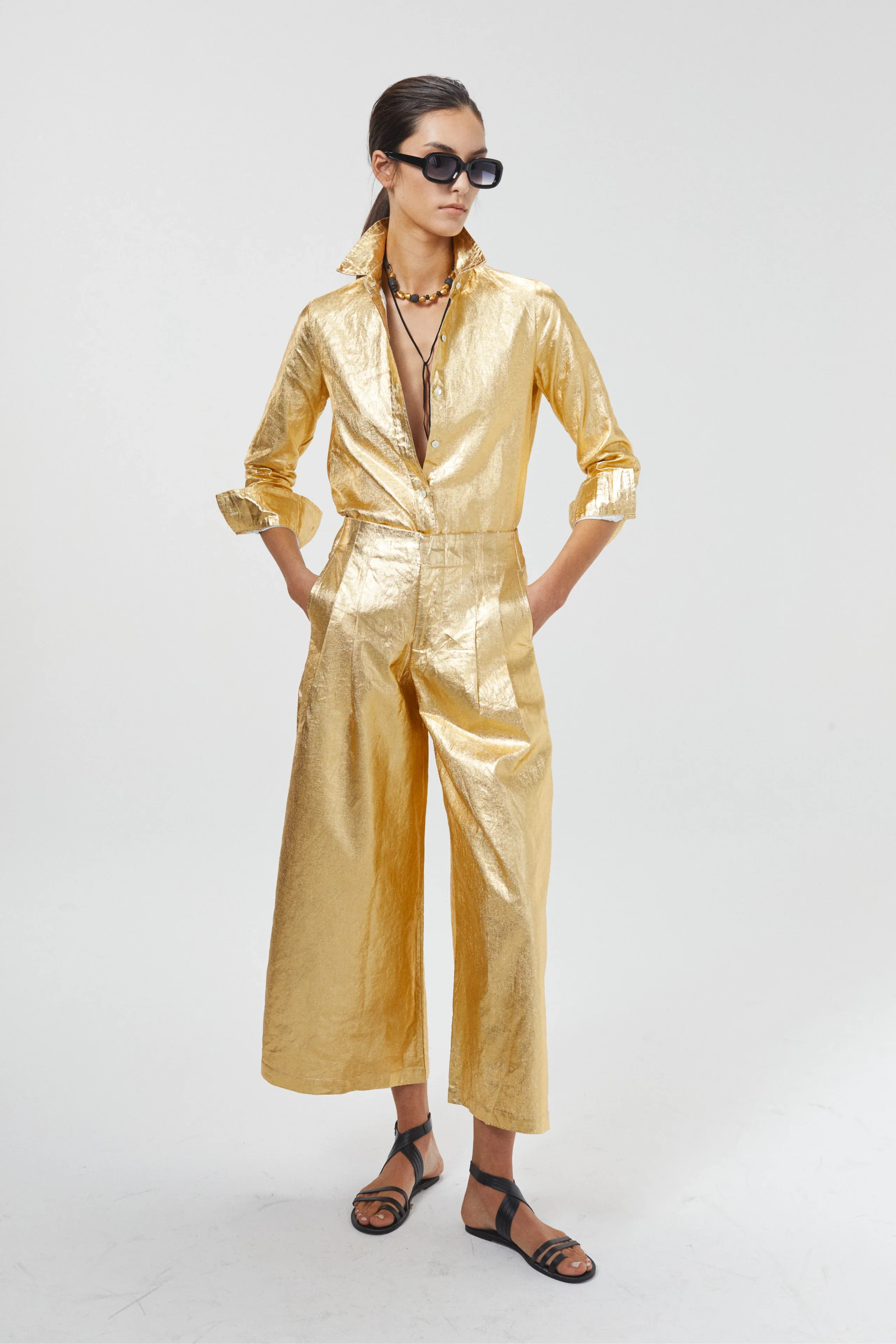 Culotte Metallic Linen Pants - Gold | Lanhtropy