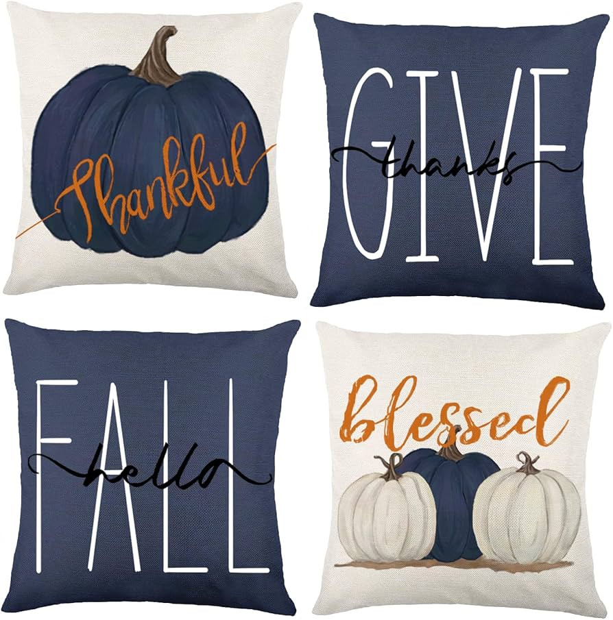 Fall Pillow Covers 18 x 18 Inch Blue Pumpkins Throw Pillow Covers for Farmhouse Autumn Cushion Co... | Amazon (US)