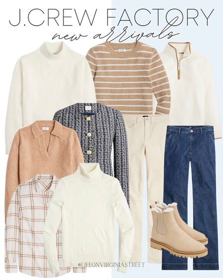 J. Crew Factory New Arrivals! I'm loving all these neutrals and layering pieces! Perfect for a fall transition wardrobe!

White sweater, camel stripe sweater, tweed blazer, flannel shirt, camel collared sweater, corduroy white pants, denim jeans, suede booties

#LTKSeasonal #LTKstyletip #LTKworkwear