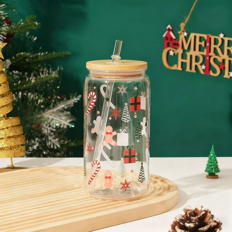 JESSBEAUTY Christmas Glass Cup, 16oz Iced Coffee Cups with Lids and Straws, Xmas Glass Cup with C... | Walmart (US)