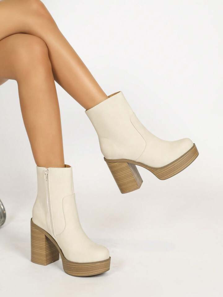 Modern Lady Thick Heel High Heel Round Toe Ankle Booties In Apricot, Autumn And Winter Fashion | SHEIN