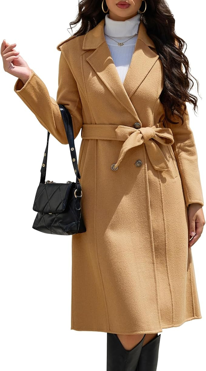 Wool Blend Wrap Coat Women's Superior 70% Wool Coat, Classy Long Wool Coat with Belt | Amazon (US)