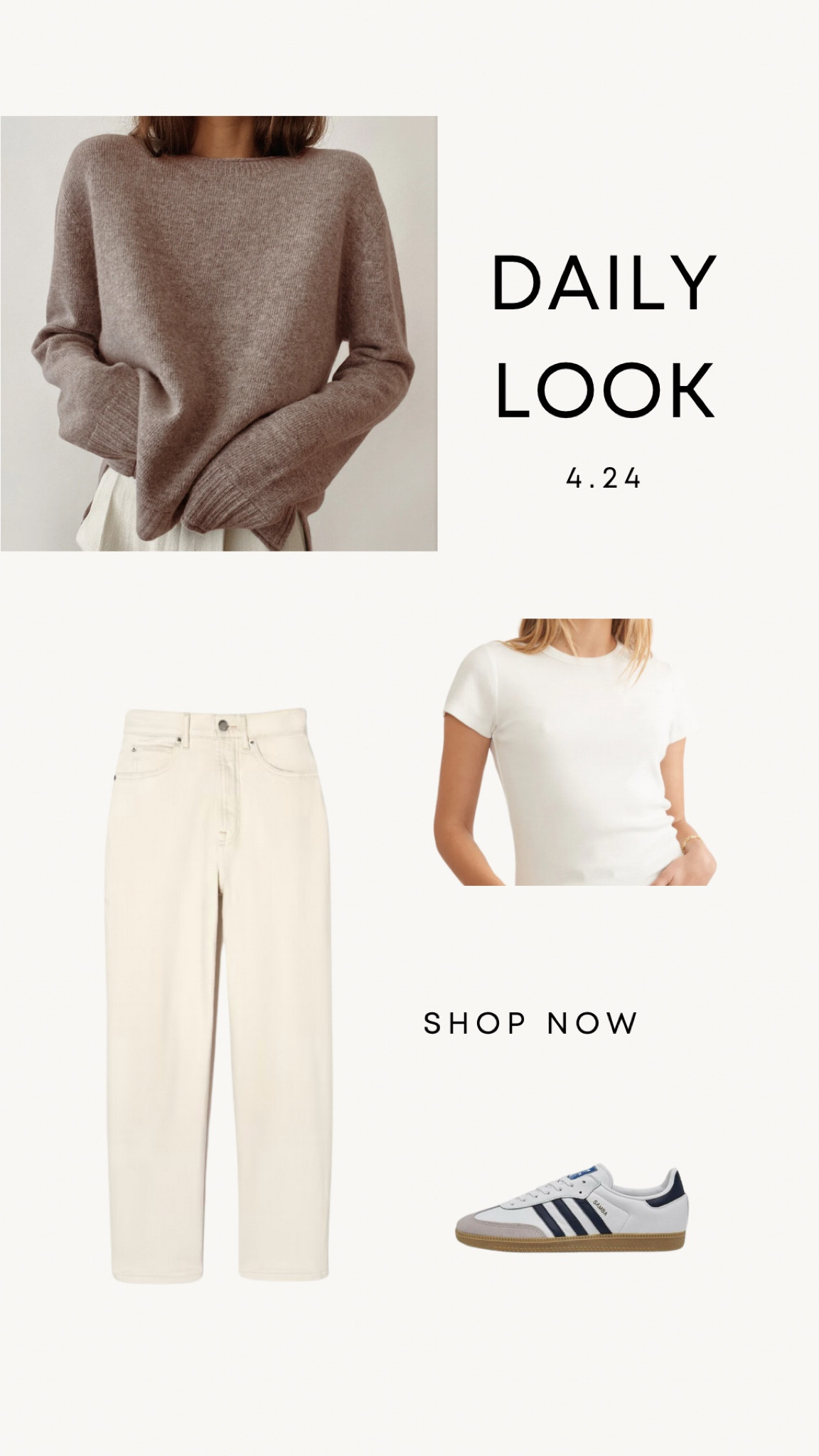Daily Look 4.24 | White tee, taupe sweater, ecru denim, adidas samba sneakers. 

Spring outfit
Spring style
Minimal style
Classic style
Capsule wardrobe
White tee outfit
Adidas samba outfits 



#LTKstyletip #LTKfindsunder50 #LTKSeasonal