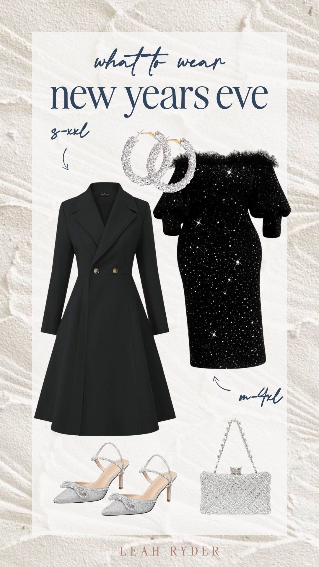 This New Year’s Eve outfit is all about classic black elegance with sparkle, making it a timeless choice for holiday parties and formal celebrations. The plus size New Year’s Eve dress option pairs beautifully with a structured black coat, adding warmth without sacrificing style. Sparkly heels and a rhinestone clutch elevate the look, making it perfect for a cocktail party, dinner event, or ringing in the new year in style. This polished New Year’s Eve outfit idea works seamlessly for sizes ranging from standard to plus size, offering a confident and chic silhouette.

#LTKHoliday #LTKPlusSize #LTKBeauty