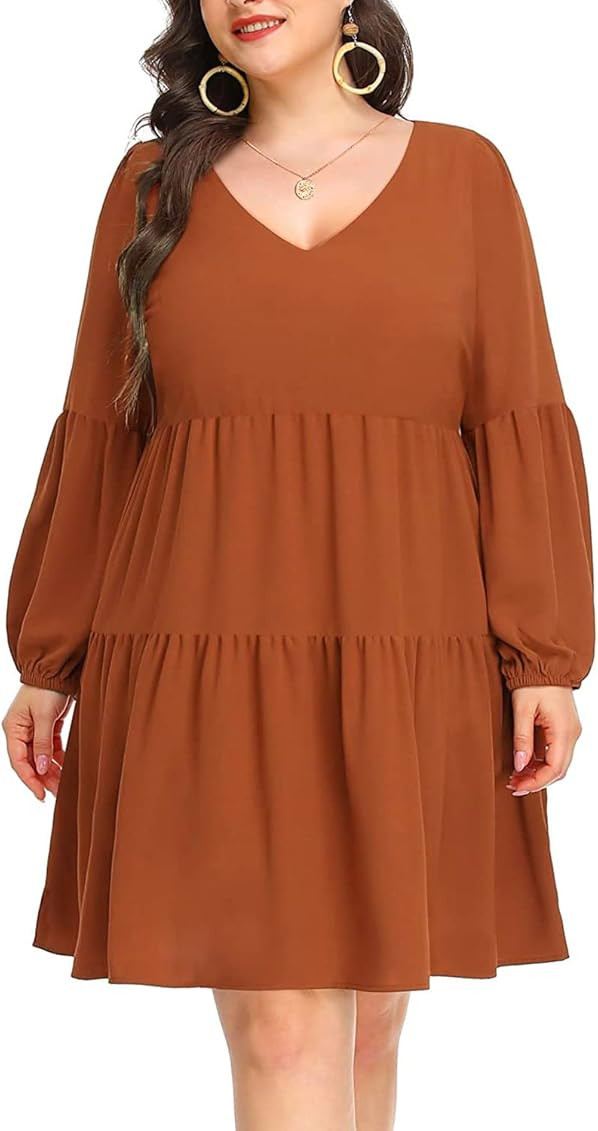 Pinup Fashion Plus Size Long Sleeve Fall Dress - Casual Babydoll Tunic Shift Tiered Flowy Dresses | Amazon (US)