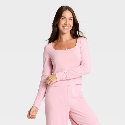 Women's Variegated Ribbed Long Sleeve Pajama Top - Auden™ Pink S | Target