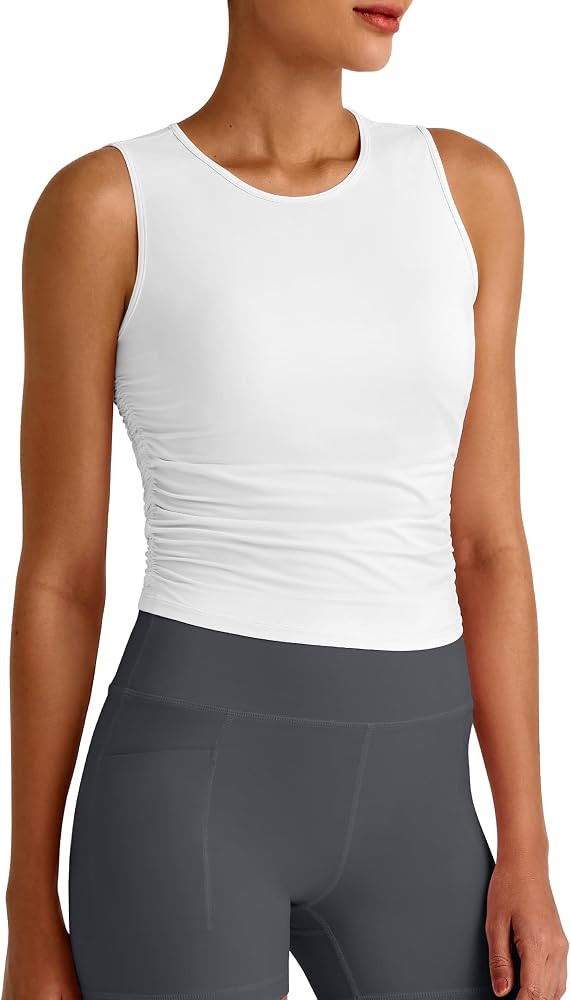 G4Free Skimetic Workout Tank Tops for Women Side Ruched Sleeveless High Neck Crop Top Summer Athletic Gym Shirts | Amazon (US)