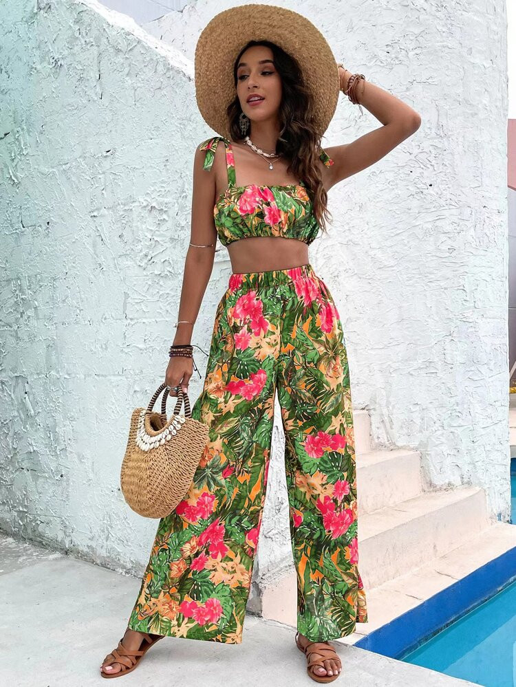 Tropical Print Knot Shoulder Crop Cami Top & Wide Leg Pants | SHEIN