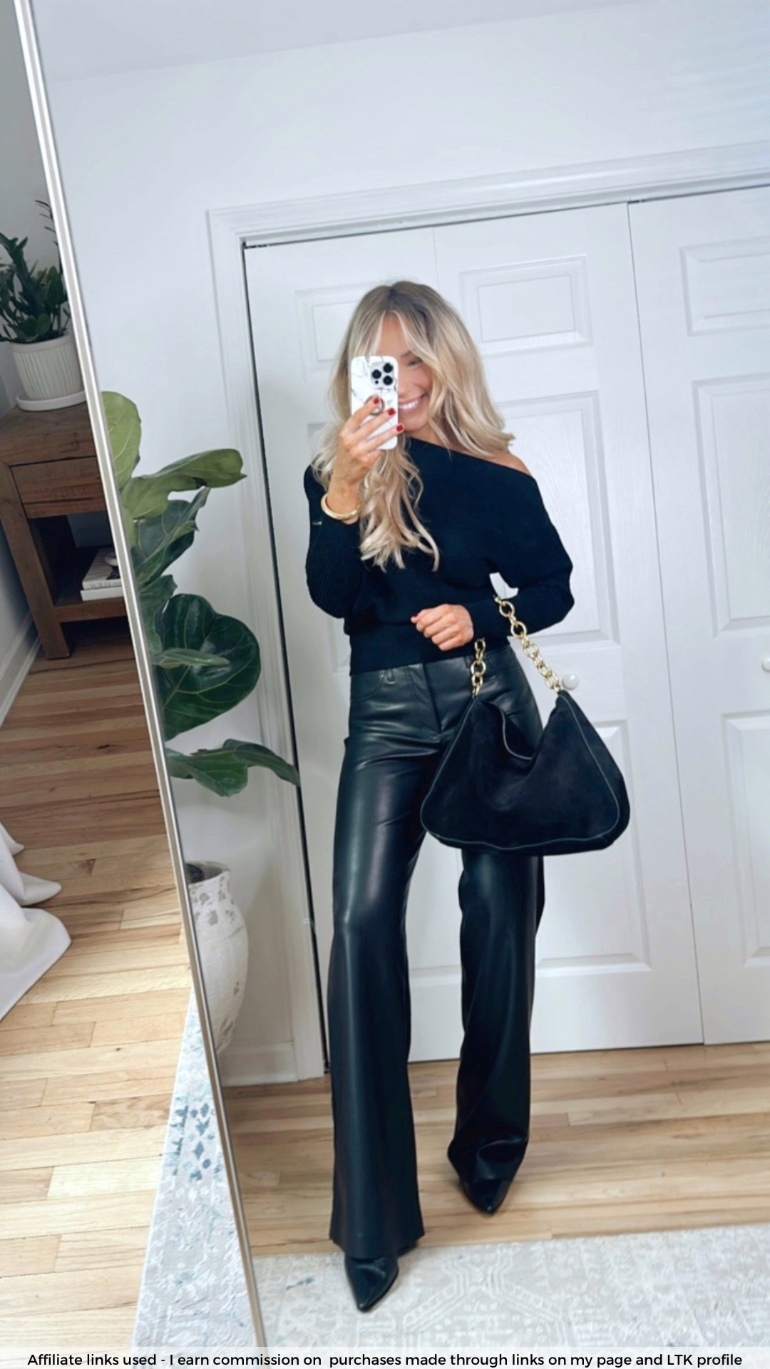 Chic winter outfit

Date night outfit
Black faux leather pants
Off the shoulder sweater 
