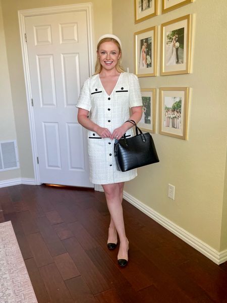 Wearing a 0, fits true to size! | tweed dress, work dress, work outfit, spring workwear, black and white outfit 

#LTKworkwear #LTKstyletip #LTKSeasonal
