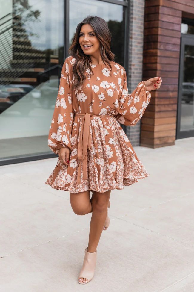 Meet Halfway Rust Long Sleeve Floral Dress | Pink Lily