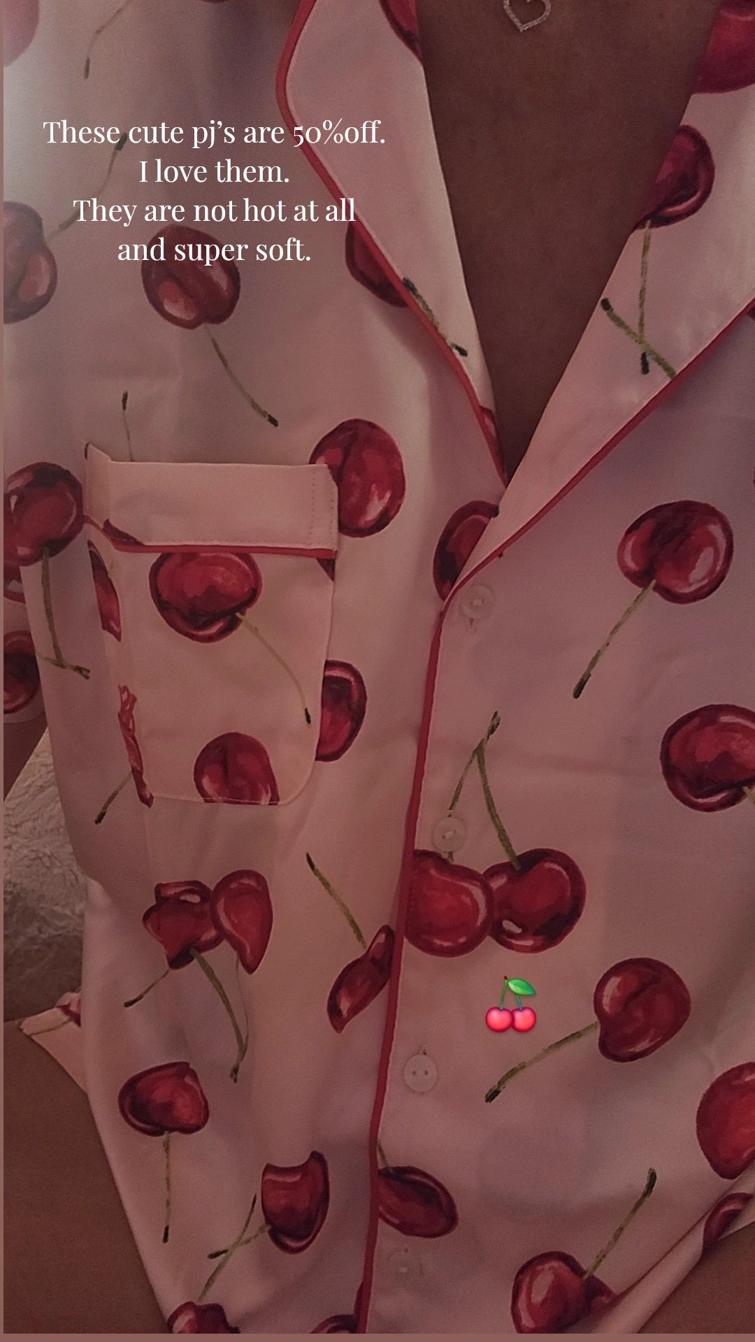 My super cute cherrry pj’s are 50% off. They are super soft and not hot at all. They come in other colors and patterns and are tts. 






Pajamas, cherries, deals, sales, women, gift idea, summer looks, red, pink, soft, comfy, vacay pj’s, silk, Victoria’s Secret, spring looks, nighttime, 

#LTKHome #LTKSaleAlert #LTKTravel