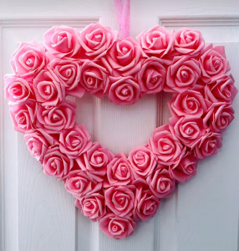 Valentine’s Day Pink Heart Rose Wreath, Spring Summer Door wreath, Wedding Wreath, Wedding Deco... | Etsy (US)
