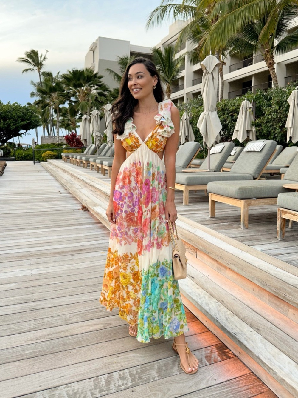 Zimmermann Cream Floral Ruffle Midi Dress with Multicolor Blooms | Poshmark