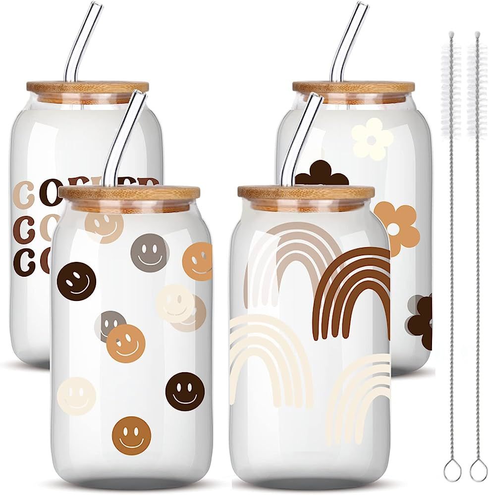 Whaline Drinking Glasses, Boho Pattern Beer Can Shaped Glass Cup with Bamboo Lids Glass Straw and... | Amazon (US)