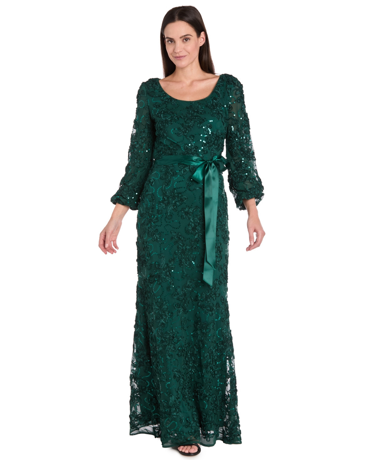 R & M Richards Petite Long Scoop Neck Lace Dress - Hunter | Macy's