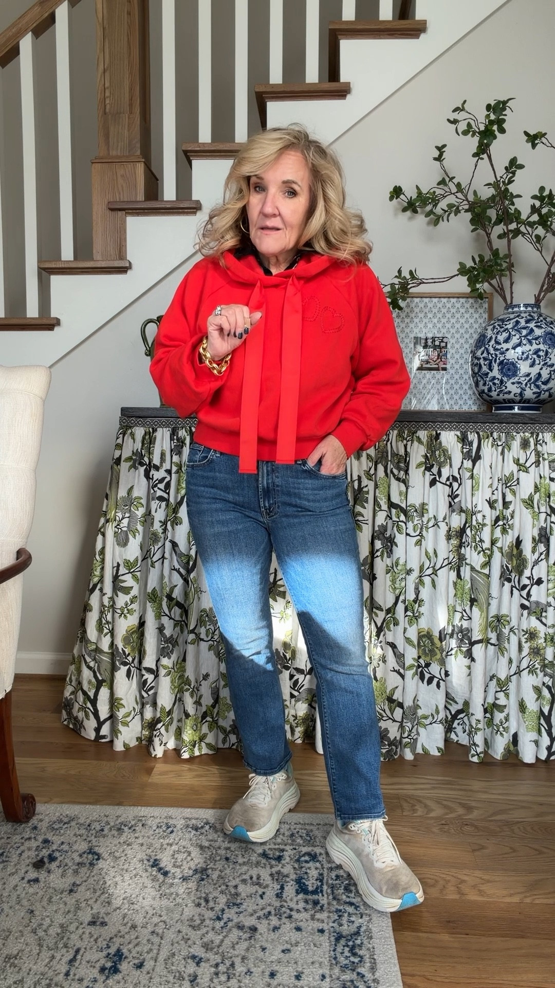 Red sweatshirt, size medium
Anthropologie blouse size medium
Mother jeans you have to size up in these. I’m wearing a 30 petite 
Also linking the quince Luna jeans, which are a similar silhouette for $50. They also run pretty slim so you might consider sizing up as well.
Hoka sneakers aren’t super stylish, but they make your feet happy. We just got back from a walk.

Linking a few of my favorite decor type items.

#LTKOver40 #LTKHome #LTKPetite