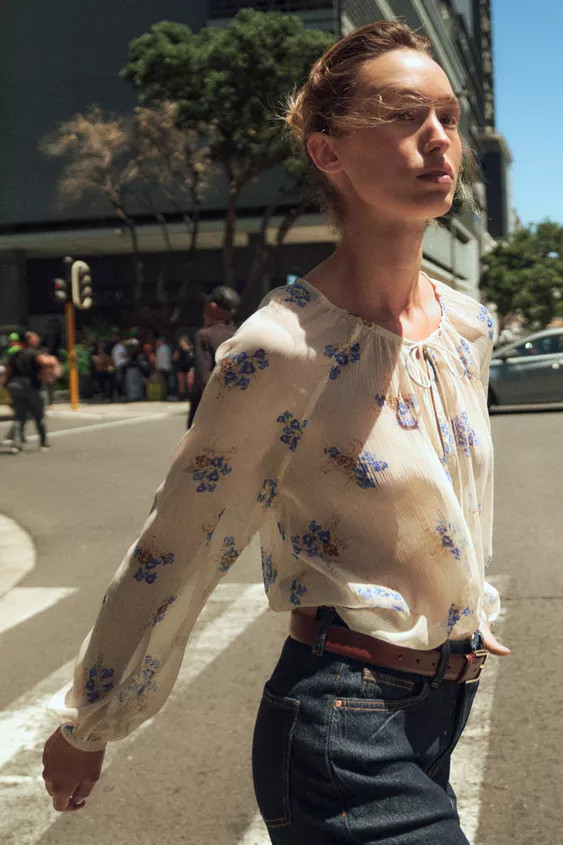 SEMI-SHEER FLORAL PRINT BLOUSE | Zara US