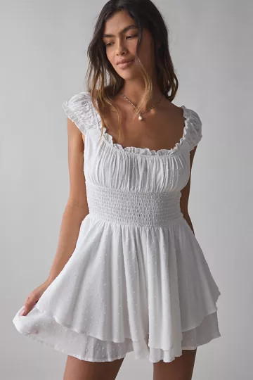 UO Rosie Smocked Tiered Ruffle Romper | Urban Outfitters (US and RoW)